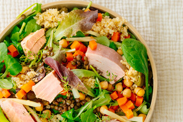 Bowl of salad with tuna steak
