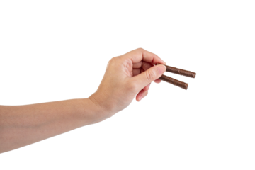 Chocolate bar in hand on transparent background