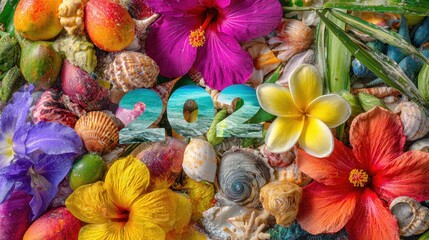 A bunch of colorful flowers and shells
