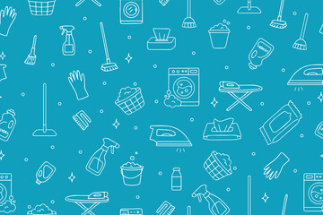  Seamless blue pattern featuring various cleaning tools such as vacuum, mop, washing machine, and detergent in simple vector illustration style, perfect for home care themes.