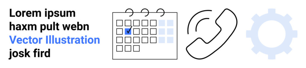 Business management, scheduling, communication, customer service, settings, technology integration. Calendar with a marked date, phone icon and gear symbol. Business management and scheduling