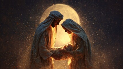 Obraz premium Nativity scene: parents cradle infant under a glowing full moon