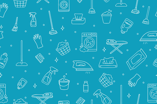  Seamless blue pattern featuring various cleaning tools such as vacuum, mop, washing machine, and detergent in simple vector illustration style, perfect for home care themes.