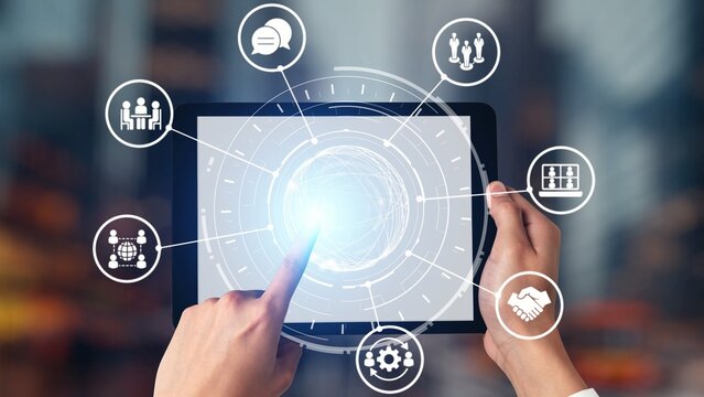 People networking and digital community with teamwork, partnership, collaboration and connection icons showing modern communication and relationship building. Gist