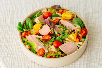 Bowl of salad with tuna steak
