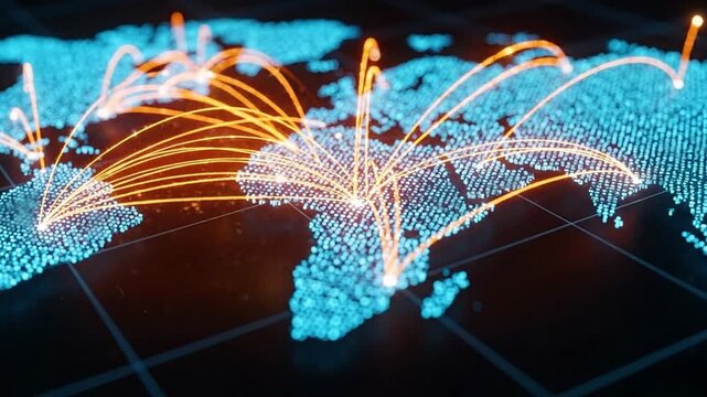 Abstract futuristic global supply chain network with glowing orange data lines connecting world map dots, digital logistics concept, 4K