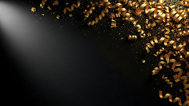 Golden confetti and streamers burst across a dark background creating a festive and celebratory atmosphere