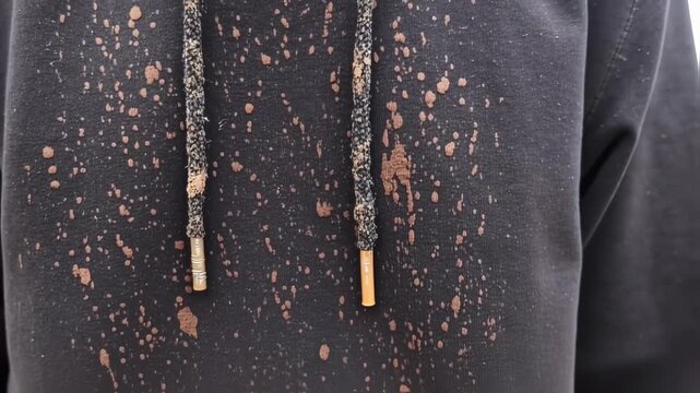 Close-up of a dark fabric garment splattered with brown marks, showing drawstrings