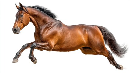 Obraz premium Elegant brown horse galloping a powerful animal in motion isolated on a white background