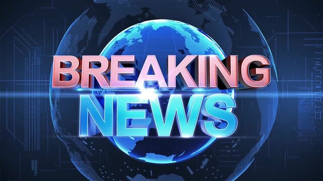 Breaking news title sequence animation with rotating digital globe and futuristic holographic interface elements in blue theme
