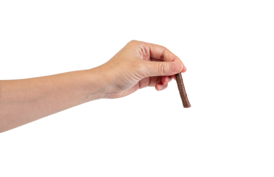 Chocolate bar in hand on transparent background
