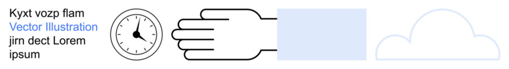Time management, digital interaction, data exchange, conceptual workflow, digital technology, networking. Clock, hand reaching forward cloud icon. Time management and digital interaction concepts