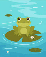 Cute frog sitting on a pond leaf  vector-style illustration for book cover