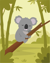 Calm koala relaxing on a tree branch  vector style illustration for book cover