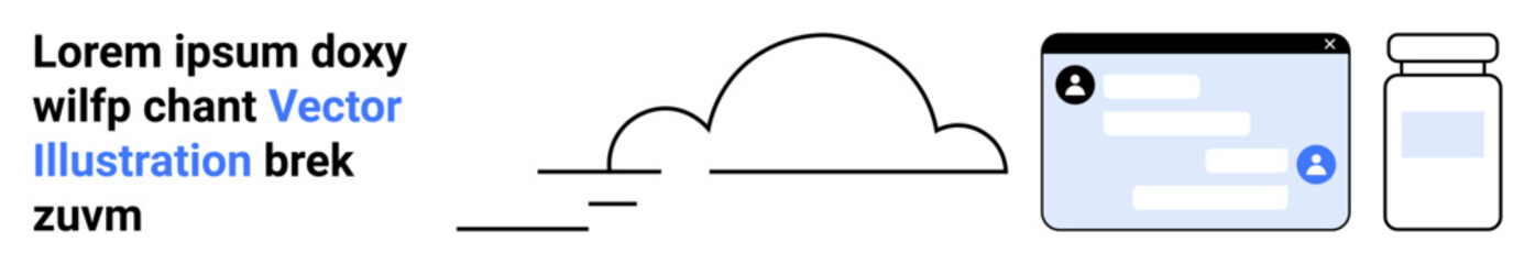 Fototapeta premium Cloud technology, online messaging, telehealth, digital communication, healthcare, data storage. Minimal outline of a cloud, chat interface and medicine bottle. Cloud technology and online messaging