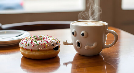 Playful still life of cute coffee cup and donut character on wooden table cafe