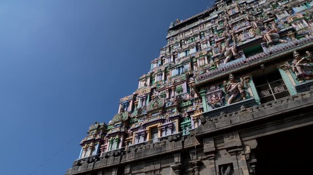 India, Tamil nadu, 02-09-2025. Low view, Thillai Nataraja Temple Chidambaram in a sunny day. Panning 4K