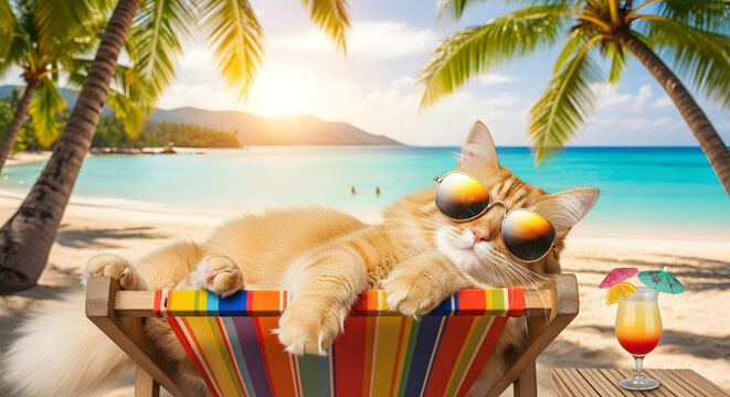 Relaxing cat on tropical beach chair with drink sunshine holiday illustration
