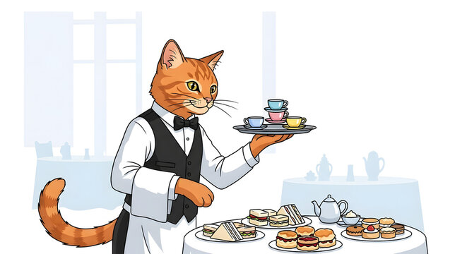 Ginger cat butler holding tray with tea set cute feline in uniform waiter