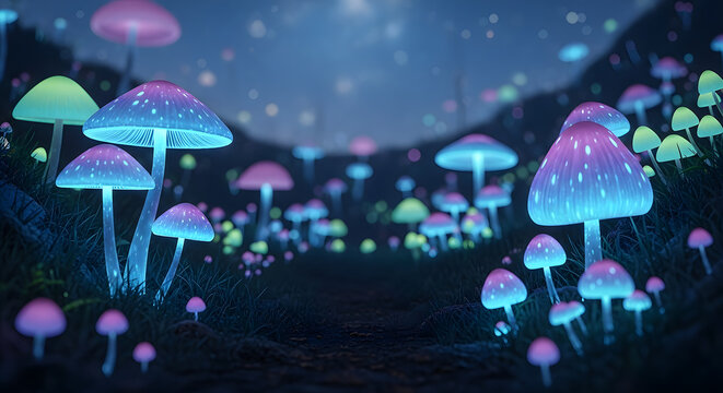 Glowing mushrooms in forest night mushrooms on pathway surreal glowing fungi