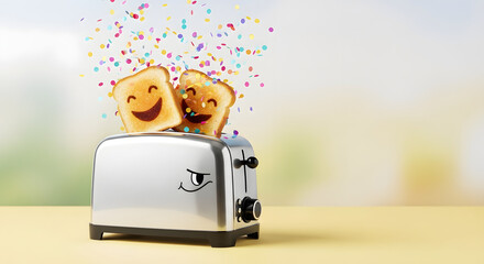 Two slices of happy toast popping from toaster breakfast concept with confetti