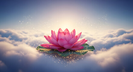 Beautiful pink lotus flower on leaf floating on clouds spiritual zen meditation