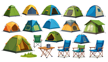 Illustration of tent, chair and umbrella set for camping isolated on white background