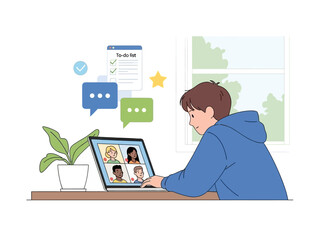 Illustration of a child engaged in remote learning, connecting with peers through a virtual classroom on a computer