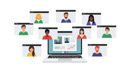 Diverse group of people attending a virtual meeting via laptop and video conferencing technology