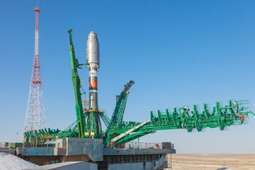 The launch of a space rocket from the launch pad.