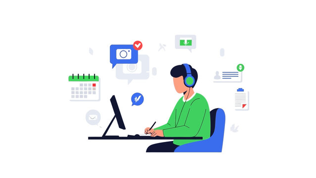 Dedicated virtual support specialist delivering efficient remote customer service and communication solutions in a dynamic digital workspace illustration - Powered by Adobe