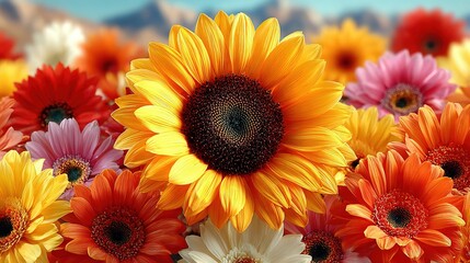 Lone cinematic sunflower: high-sat gold-orange petals, blown-out white sky, widescreen crop for airline ad, road-movie poster, motivational slide