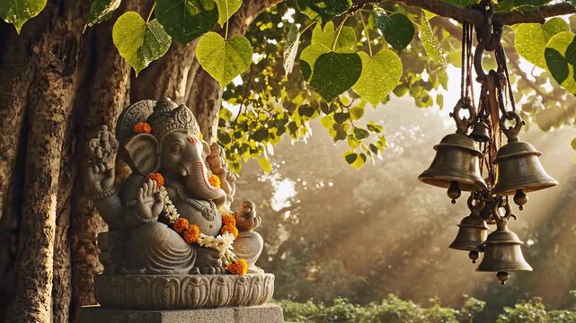 Ganesha Statue and Temple Bells Under Sacred Tree at Sunrise