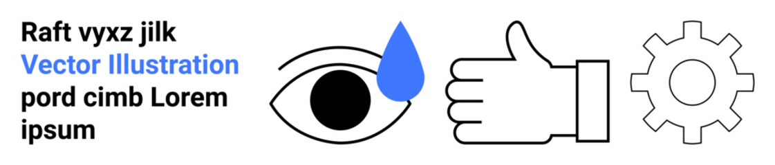 Emotional expressions, feedback, settings, support services, process flow, technology designs. Eye with tear, thumbs-up gesture gear icon. Emotional expressions and feedback concepts