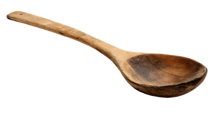 A single light brown wooden spoon with a long handle on a black background in a studio shot