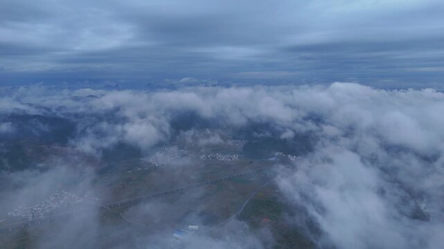 Dawn Mist Over Karst Mountains, Railway and Rural Settlements，China