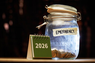 2026 desk calendar and savings jar with labeled emergency
