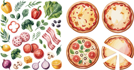 Flat illustration of pizza ingredients, toppings, dough bases, vegetable and meat elements, complete pizza set with slices, cooking preparation design