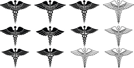 Medical caduceus symbol collection, healthcare emblem icons, hospital medicine logo set, doctor and pharmacy design elements for professional use