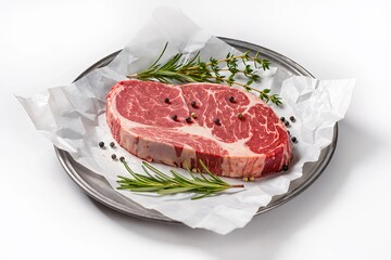 Fresh raw beef ribeye steak on parchment paper with rosemary and peppercorns. Uncooked red meat fillet ready for grilling on metal plate top view.