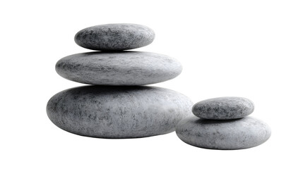 Stack of smooth gray stones balanced on each other against a dark black studio background scene view