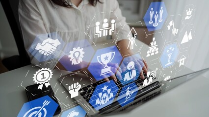 Leadership icons symbolize teamwork, vision, and decision-making. Leadership guides business,...