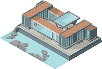 Isometric illustration of modern luxury house with pool, waterfront terrace, contemporary architecture design, 3D building exterior, elegant residential property graphic