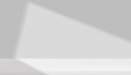 Background White Wall Studio for Product Display,Grey Shadow on Podium,Spring Light on Interior Kitchen Room with Empty Table Mockup.Vector Minimal Scene Soft Light Backdrop Platform for Cosmetic Sale