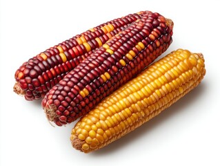 Red and yellow corn cobs with kernels on white background