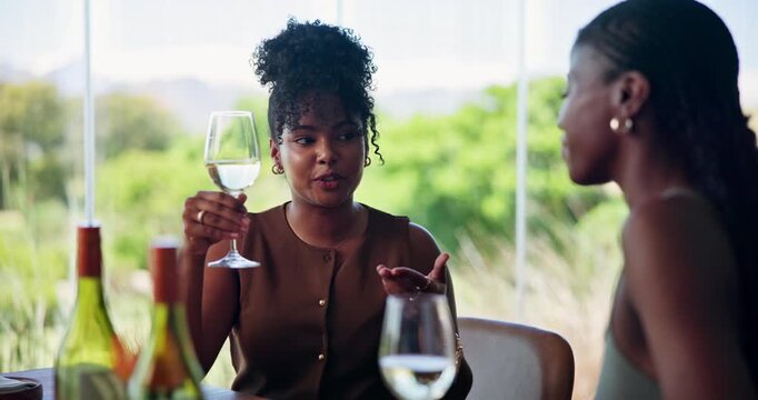 Friends, conversation or women on farm with wine tasting, hangout or discussion in flavor sampling. Bonding, chat or people at vineyard with glass, connection or drink evaluation in sip activity.