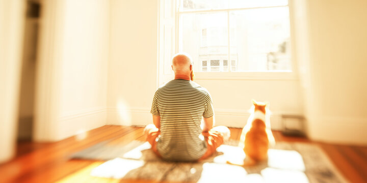 Wide horizontal shot featuring a man and his pet in the corner, leaving 80% negative space on the wood floor for text overlay.