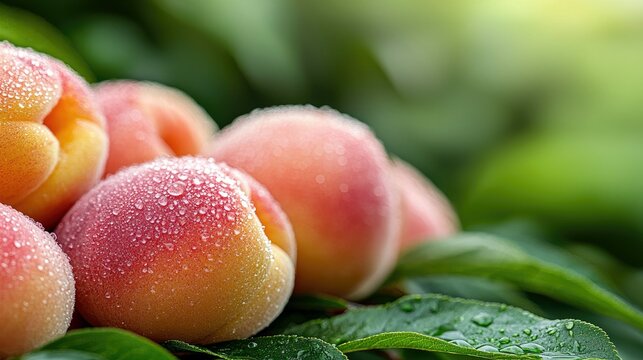 Close-up of fresh apricots with water droplets on green leaves, illuminated by natural light. Focus on the ripe fruit. - Powered by Adobe