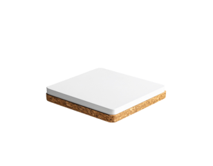 A minimalist square platform with a white top surface and a cork base, suitable for display or presentation purposes