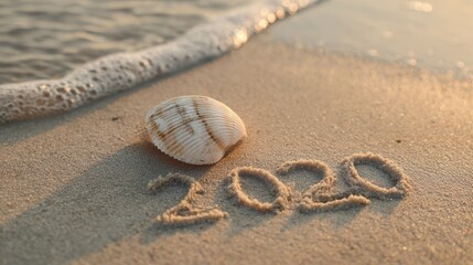 A shell on the beach with the word love written in the sand